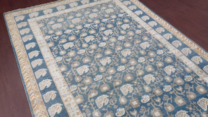 Blue and Ivory Pure Silk Handknotted Area Rug 5.11x8.10ft 180x269Cms