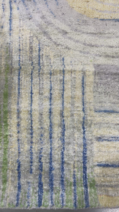 Gold and Blue, Pure Silk Modern Geometrical Handknotted 9.1x12.3ft 276x373Cms Area Rug