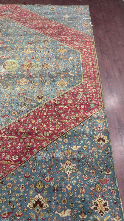 Red and Blue, Pure Wool Antique Handknotted 13.8x15.5Ft 417x470Cms Area Rug