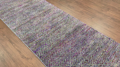 Grey and Purple, Sari Silk and Wool Oxidized Modern Geometrical Handknotted 2.9x9.10Ft 80x299Cms Area Rug