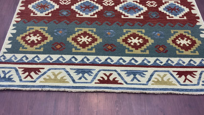 Ivory and Multy, Pure Wool Lo-Pile Traditional Kazak Soumak Handknotted 6.1x8.11Ft 185x272Cms Area Rug