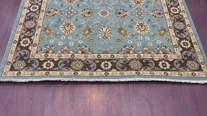 L.Blue and Brown, Pure Wool Lo-Pile Traditional Soumak Handknotted 6.1x8.11Ft 185x270Cms Area Rug
