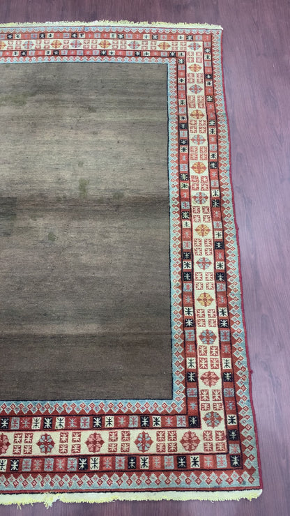 Brown and Beige, Pure Wool Antique Khotan Handknotted 4.3x6.7Ft 130x200Cms Area Rug