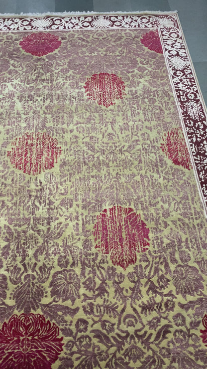 Rose Mustard Yellow and Red Floral Transitional Handknotted 8.0x9.11Ft 244x302Cms Area Rug