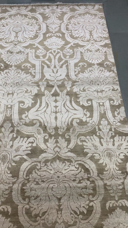 Elegacy Ivory, Camel and Brown Transitional Damask Pure Silk Handknotted 7.11x10.2Ft 240x309Cms Area Rug