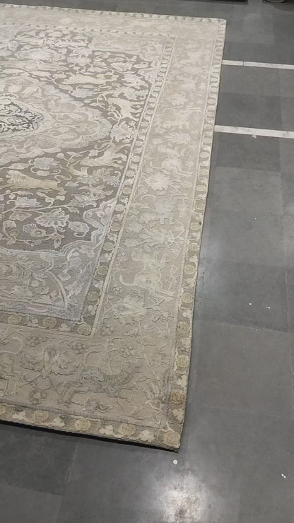 Grey Ivory, Silk Wool Oxidized Transitional Persian Handknotted 9.0x12.4Ft 274x375Cms Area Rug