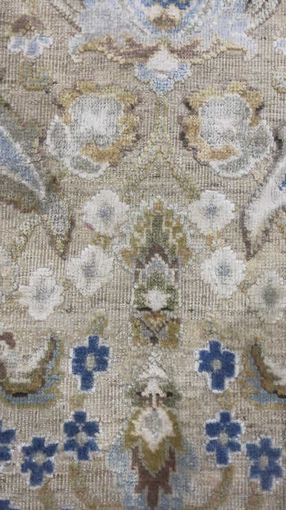 Beige and Blue, Silk Wool Oxidized Transitional Persian Handknotted 11.11x15.1ft 363x459Cms Area Rug