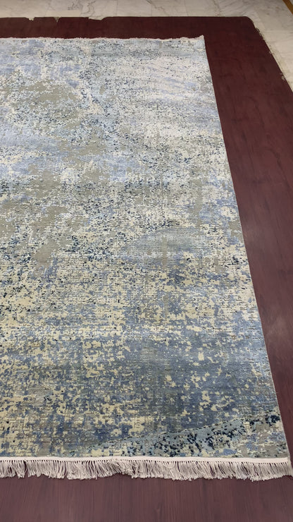 Grey, Blue and Beige Silk and Wool Modern Abstract Handknotted 8.10x12.0Ft 270x365Cms Area Rug