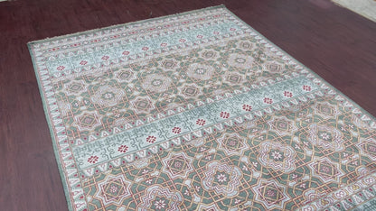 Blue and Green Pure Silk Transitional Geometrical Handknotted 5.11x9.0 Area Rug