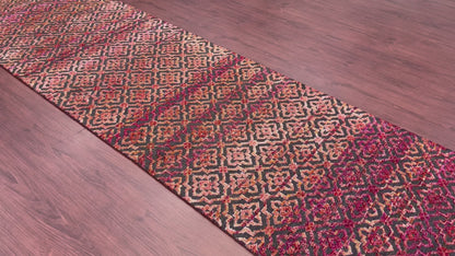 Red and Black, Sari Silk and Wool Oxidized Modern Damask Handknotted 2.10x11.8Ft 86x355Cms Area Rug