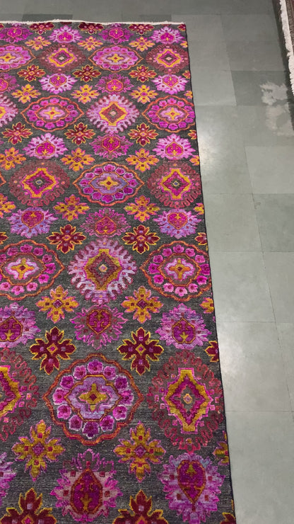 Pink Multy, Sari Silk and Wool Oxidized Transitional Handknotted 7.9x10.1Ft 237x307Cms Area Rug