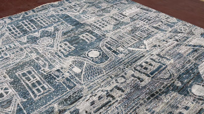 Blue, Silver Viscose and Wool Oxidized Modern Handknotted Area Rug 7.9x9.10ft 236x297Cms