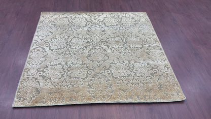 Camel Brown Silk and Wool Distressed Transitional Area Rug 4.11x4.11ft 151x150Cms