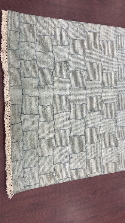 Grey and L.Blue Silk Wool Distressed Modern Handknotted 3.10x5.10Ft 118x179Cms Area Rug