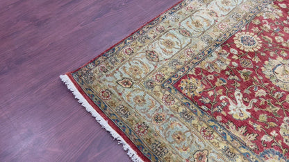 Red and L.Blue, Pure Wool Regular Traditional Handknotted 4.11x6.6Ft 150x197Cms Area Rug