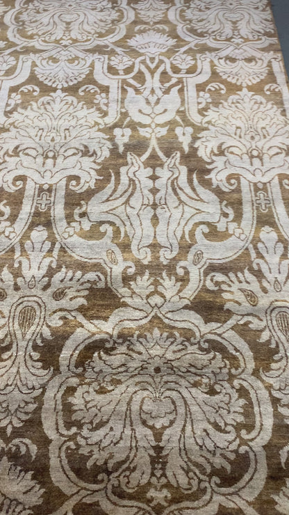 Elegacy Camel, Brown and Ivory Transitional Damask Pure Silk Handknotted 7.11x10.7Ft 240x322Cms Area Rug