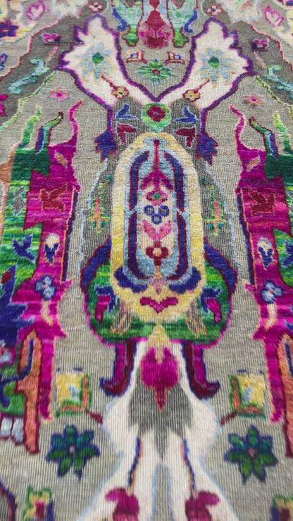 Grey and Multy, Sari Silk and Wool Oxidized Transitional Bidzar Handknotted 11.9x15.1Ft 358x460Cms Area Rug