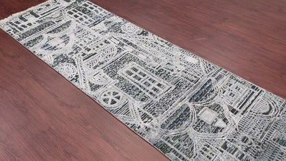 Grey and Silver, Viscose and Wool Oxidized Modern Abstract Handknotted 2.7x9.9Ft 78x296Cms Area Rug