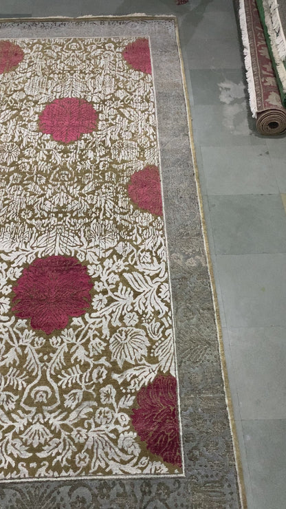 Rose Brown, Grey, Ivory and Red Damask Transitional Handknotted 7.11x10.3Ft 241x301Cms Area Rug