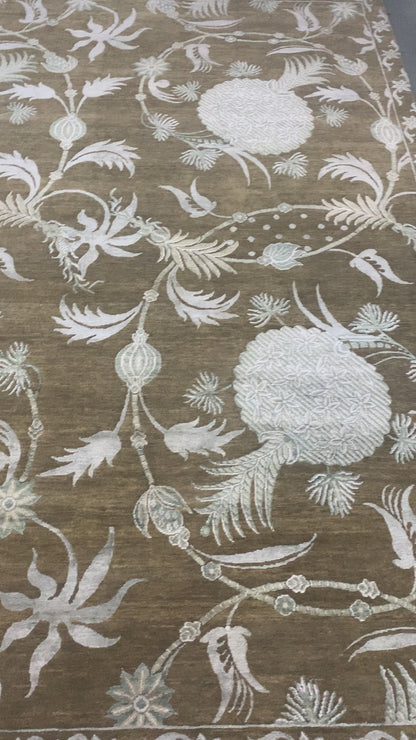 Mulberry Floral Camel, Brown and Silver Transitional Handknotted 8.0x10.3Ft 245x312Cms Area Rug