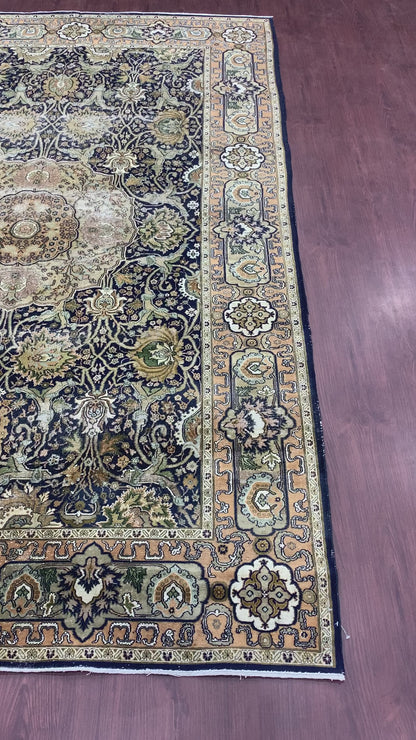 Black and Green, Pure Wool Antique Khotan Handknotted 6.1x9.7Ft 185x290Cms Area Rug