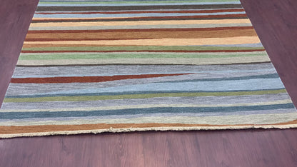 Grey and Multy, Pure Wool Lo-Pile Modern Strips Soumak Handknotted 6.2x9.0Ft 187x275Cms Area Rug