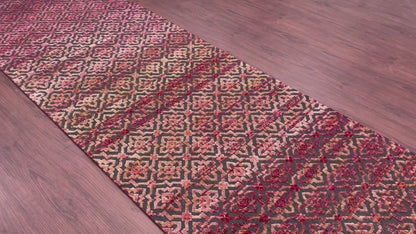 Red and Black Transitional Handknotted Runner Rug 3X11.9ft 92x357cms