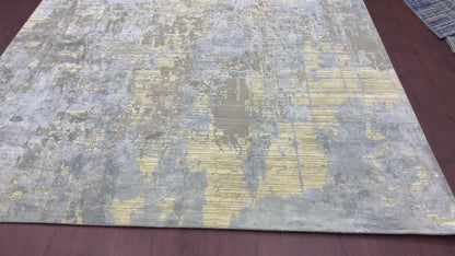 Beige, Grey and Blue Silk and Wool Modern Abstract Handknotted 9.0x12.1Ft 274x368Cms Area Rug