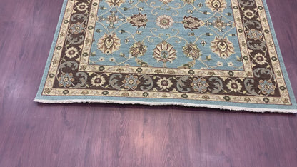 Camel and L.Blue, Pure Wool Lo-Pile Traditional Soumak Handknotted 5.1x7.11Ft 155x240Cms Area Rug