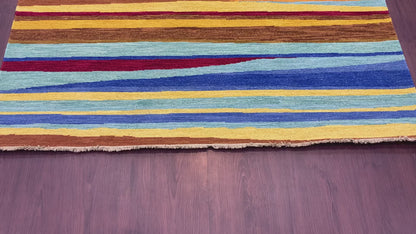 Yellow and Multy, Pure Wool Lo-Pile Modern Strips Soumak Handknotted 6.2x9.2Ft 187x279Cms Area Rug