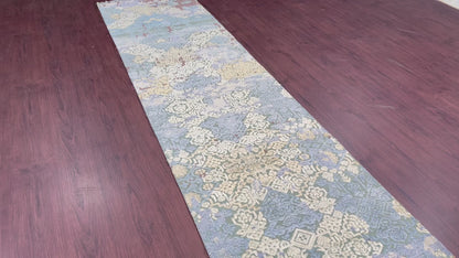 Ivory and Blue Silk and Wool Modern Handknotted Runner Rug 2.5X13.9ft 74X417cms