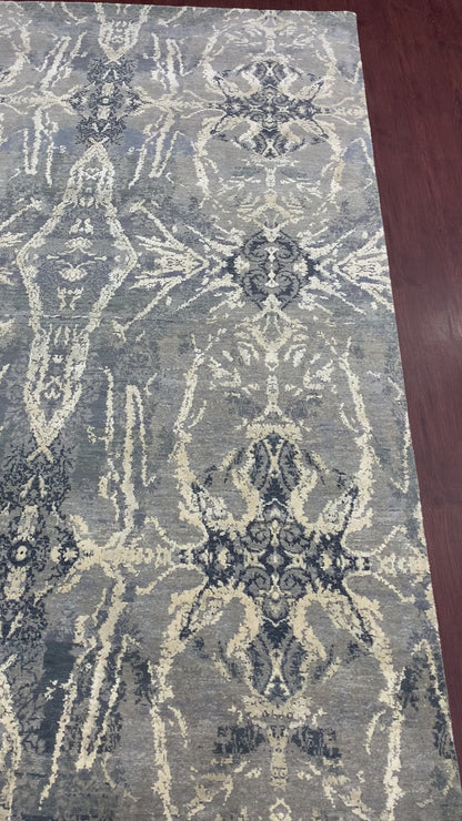 Ivory, Grey and Blue Silk and Wool Modern Abstract Handknotted Area Rug