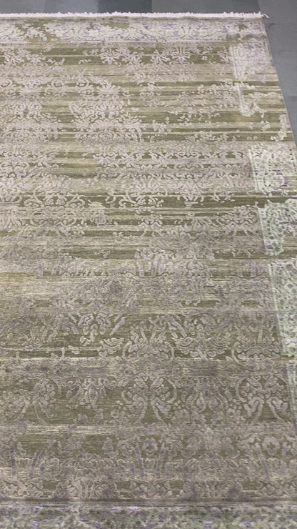 Floral Erased Olive Green and Silver Transitional Handknotted Area Rug