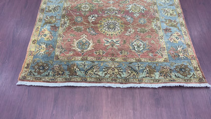 Rust Blue Pure Wool Traditional Luxury Handknotted Area Rug