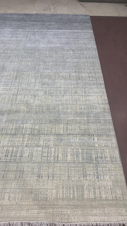 Blue, Grey and Ivory Silk and Wool Modern Textured Handknotted Area Rug