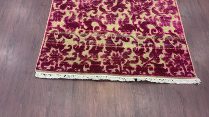 Pink Red Sari Silk Wool Modern Handknotted Area Rug 3.11x5.7Ft 120x168Cms