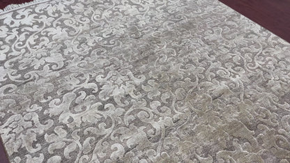 Silver and Brown,  Silk and Wool Oxidized Transitional Handknotted 6.0x9.0Ft 182x275Cms Area Rug