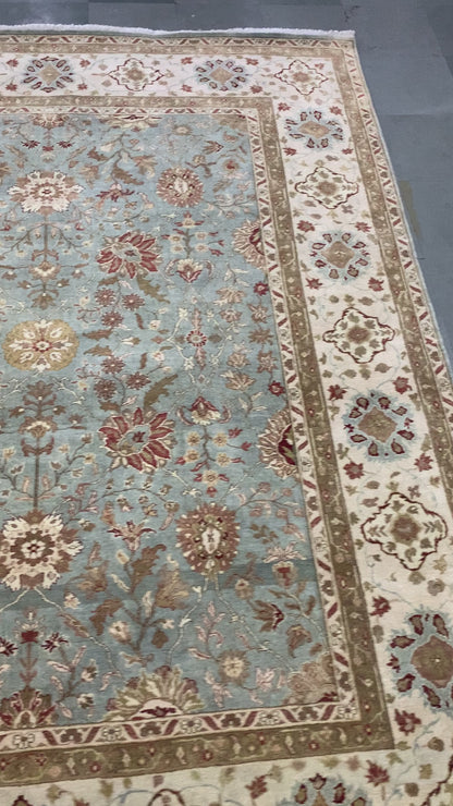 Mughal Light Blue, Ivory and Camel Traditional Jaipur Pure Wool Luxury Handknotted Area Rug