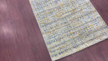Yellow and L.Blue, Silk and Wool Oxidized Modern Handknotted 2.6x12.0Ft 75x365Cms Area Rug