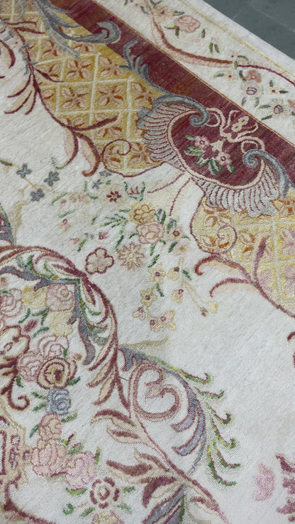 One of a Kind Ivory and Red Silk and Sari Silk Abusson Traditional Handknotted 9.0X11.9ft 275x359Cms Area Rug