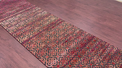 Red and Black, Sari Silk and Wool Oxidized Modern Damask Handknotted 2.10x11.8Ft 85x355Cms Area Rug