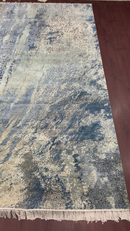 Grey and Ivory Silk and Wool Modern Textured Handknotted 7.11x10.4Ft 242x305Cms Area Rug