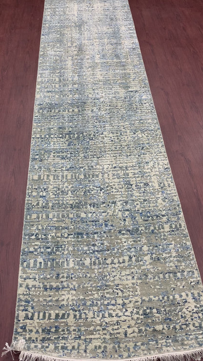 Grey, Ivory and Blue Silk and Wool Modern Textured Handknotted 3.0x12.3Ft 91x374Cms Runner Rug