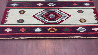 Ivory and Red, Pure Wool Lo-Pile Modern Geometrical Soumak Handknotted 6.2x8.11Ft 188x273Cms Area Rug