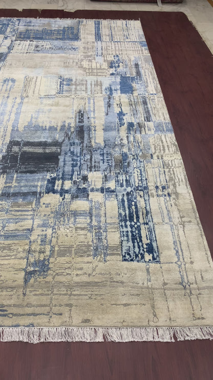 Grey, Blue and Ivory Silk ans Wool Modern Textured Handknotted 8.10x12.3Ft 270x374Cms Area Rug