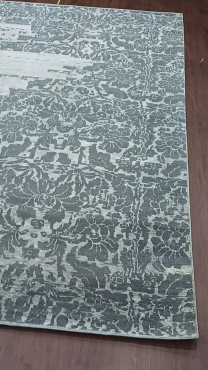 Grey and Silver, Silk and Wool Modern Handknotted 7.9x10.1Ft 240x306Cms Area Rug