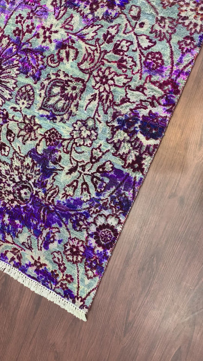 Blue and Grey, Sari Silk and Wool Transitional Handknotted 4.10x6.9Ft 152x213Cms Area Rug