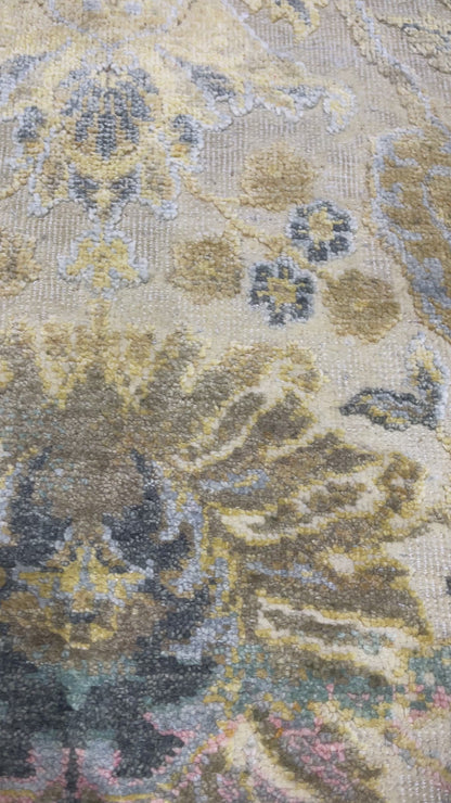 Gold and Ivory Silk and Wool Oxidized Persian Bidzar Transitional Handknotted 9.0x12.3ft 274x374Cms Area Rug