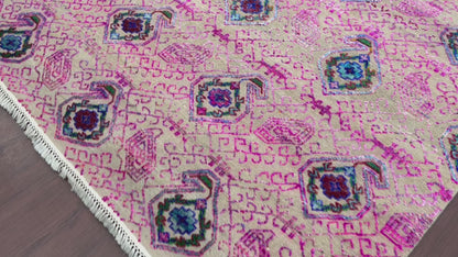 Pink and Ivory, Sari Silk and Wool Transitional Handknotted 7.10x9.11Ft 238x303Cms Area Rug