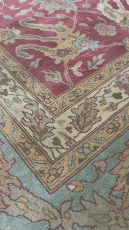 Red and L. Blue, Pure Silk Traditional Agra Handknotted 10.0x15.6Ft 305x479Cms Area Rug